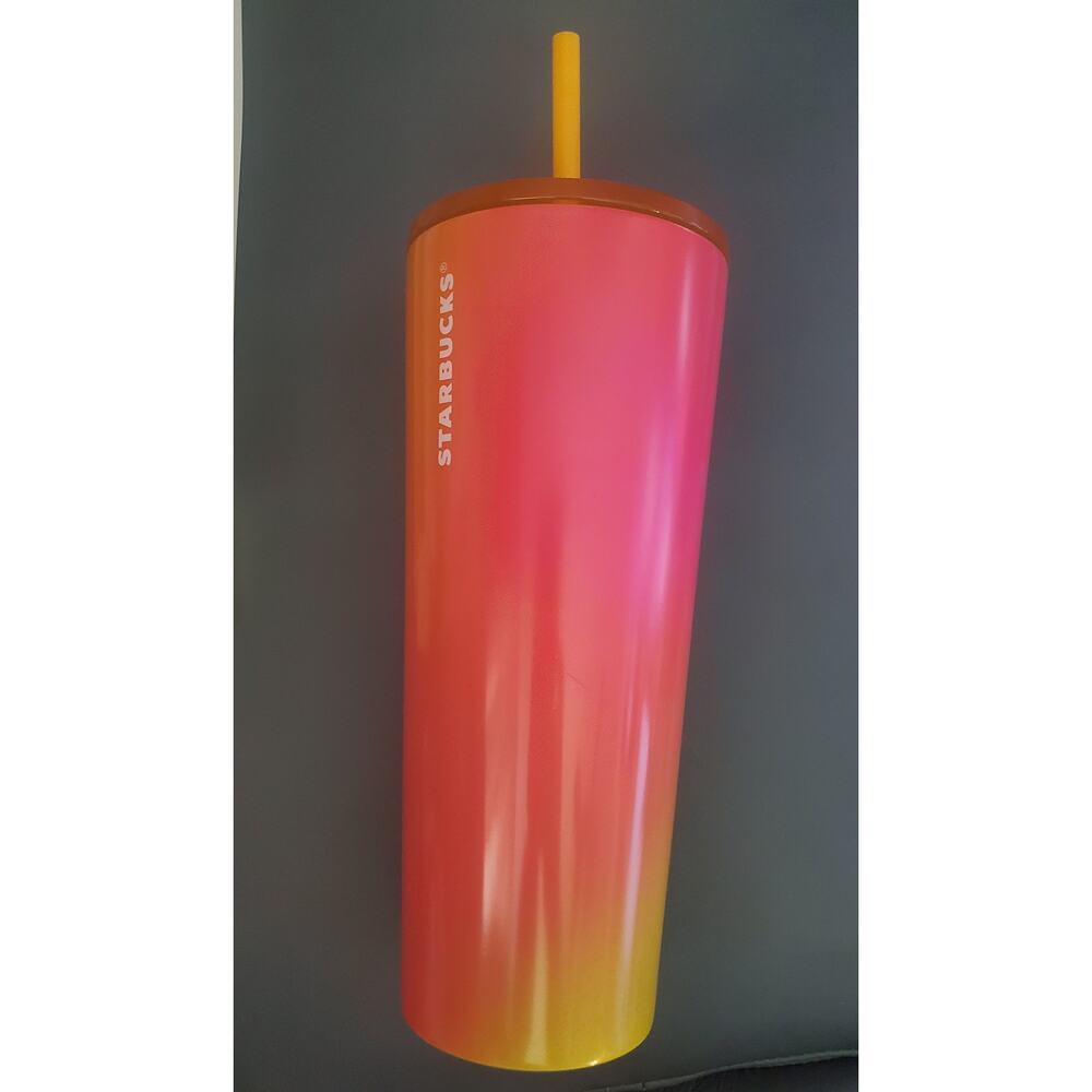 Starbucks pink and orange ombre tumbler 24 Oz NWT With Straw Colorful